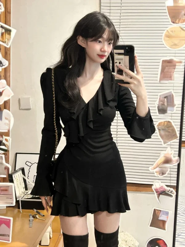 Mini Dress Casual Long Sleeve Short Party Dress Office Lady Slim Pure Color Dress - Image 6