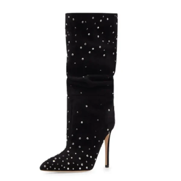 Women's Knee Boots Frosted Rhinestone Pleated High Heel Boots European - Image 2