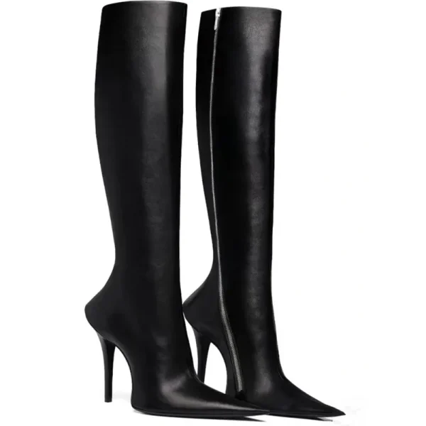 Women's Stiletto Heels Knee Length Boots, Large Leather Women's Boots with Fashionable Side Zippers - Image 9