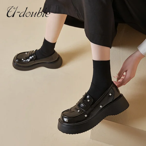 Women New Genuine Leather Platform Loafers Shoes Pumps Wedge Thick Sole Shin - Image 5