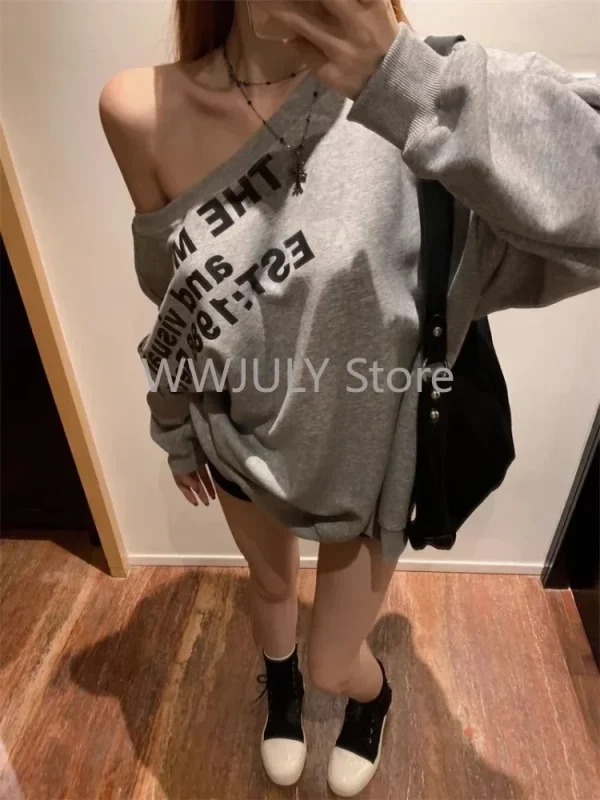 Woman American Vintage Grey Street Sweatshirt Letter Printing Long Sleeve - Image 2