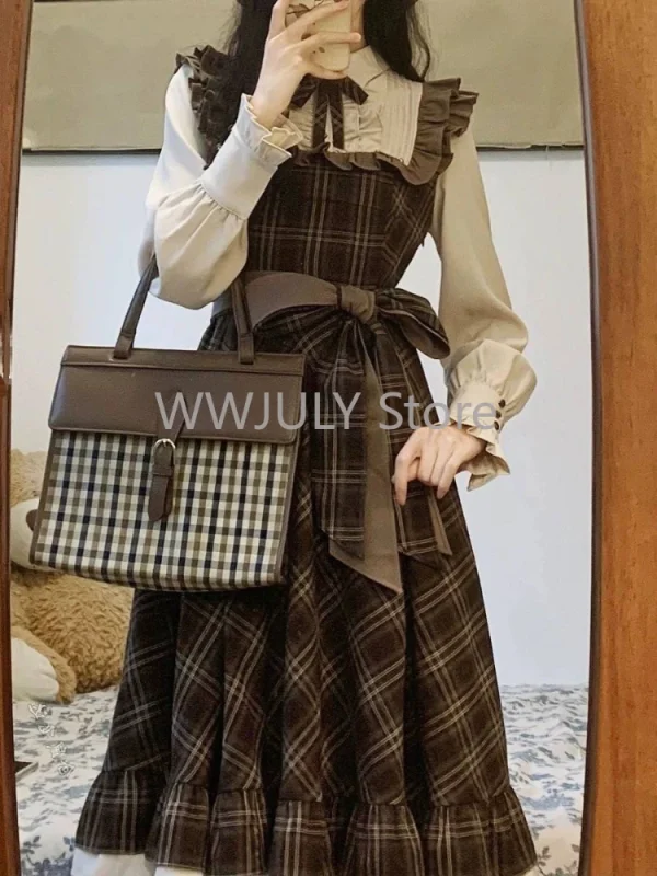 Autumn Winter Fake Two Piece Spliced Long Sleeve Plaid Dress - Image 6