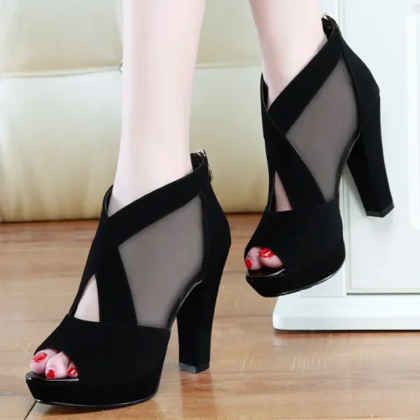 Women High Heel Shoes Mesh Breathable Pumps Zip Pointed Toe Thick Heels Fashion Female Dress Shoes - Image 3