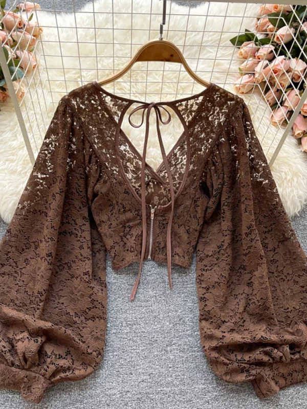 Sexy Lace Blouse Women Elegant V-Neck Puff Long Sleeve Open Back Short Tops Female Party - Image 5