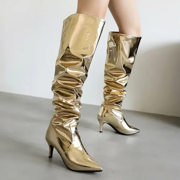 Winter Patent Leather Pleated Thigh Boots with Thin High Heels and Pointed Party Tip - Image 3