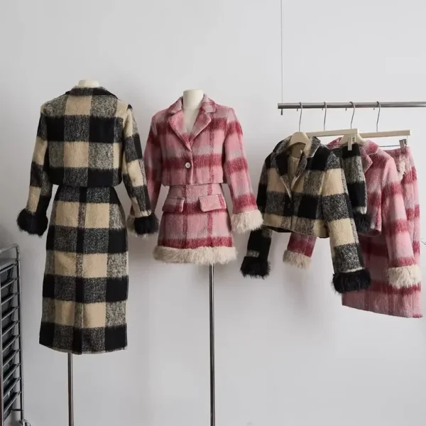 Plaid Knitted Suit Woman Korean 2 Piece Dress Set 2025 Winter Vintage