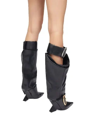 Women’s Belt Buckle Knee Length Women’s Boots Fashion Pointed Shaped High Heel