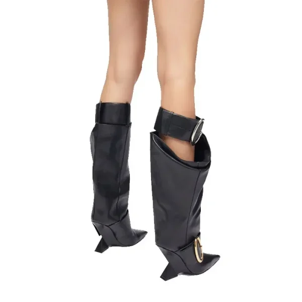 Women's Belt Buckle Knee Length Women's Boots Fashion Pointed Shaped High Heel