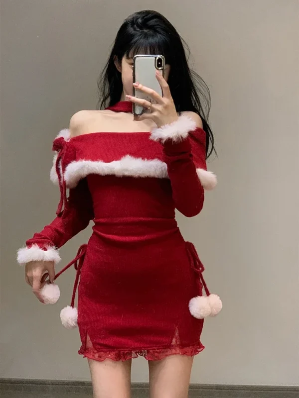 Winter Christmas Red Slim Knitted Mini Dress Even Party - Image 2