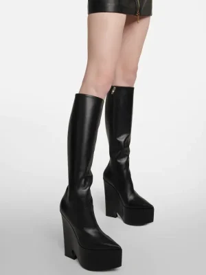 Women’s Autumn and Winter New Thick Wedge Heel Knee-length Boots Fashion Side Zipper