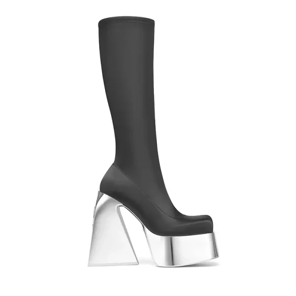 Thick Soled High Tube Thick High Heel Thin Leg Elastic Boots Square Head Punk Style Knee - Image 2