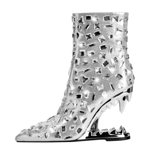 Women's New Teeth High Heel Short Boots Fashion Shiny Colorful Diamond Pointed - Image 2