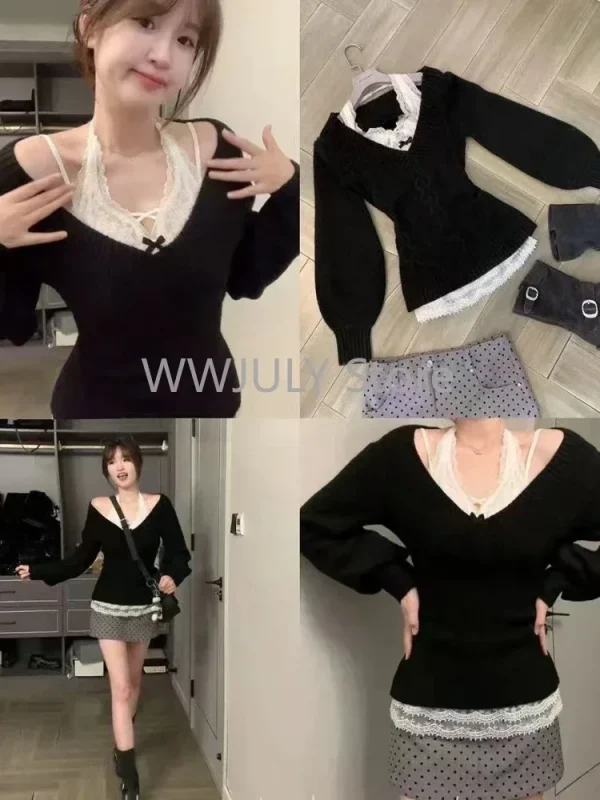 Women 2000s Aesthetic Gyaru Chic Korean Y2k Two Piece Sets Jumper Sweater - Image 4