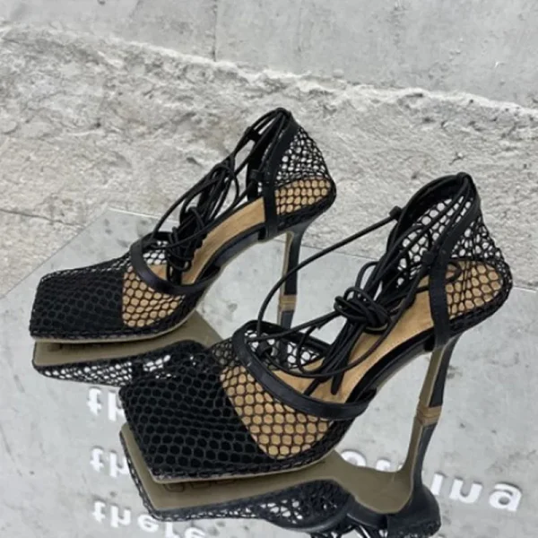 Mesh Breathable Square Head Lace-up Women's Shoes, Women Sexy Seductive Mesh High Heels, Sandals - Image 3