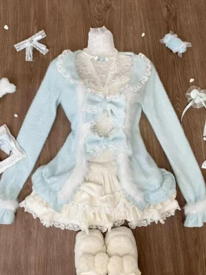 Sweet Lolita Three Piece Sets Lace Bow Plush Cardigan