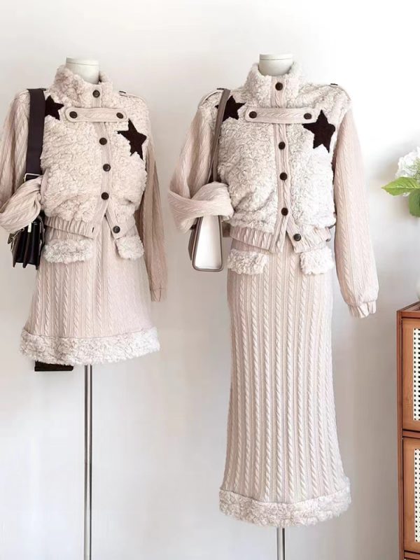 Winter Knitted Korean Fashion Suit Fur Kawaii Jacket Coat Sets - Image 8