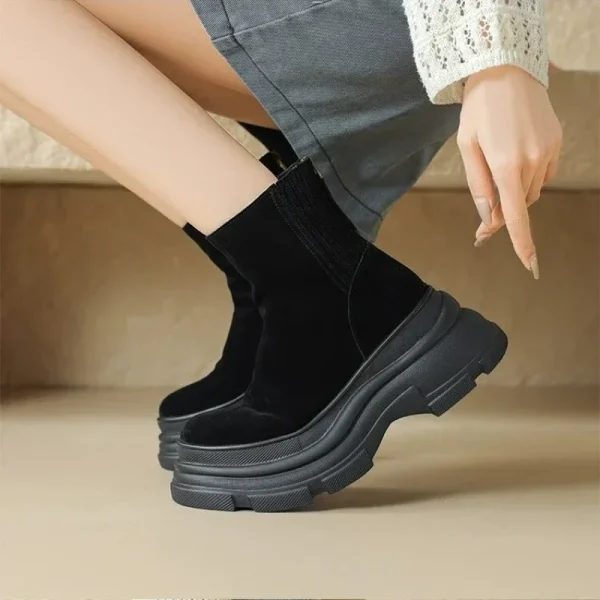 Women Rock Shoes Woman Med Heel Boots Chelsea Boots Round Toe - Image 2