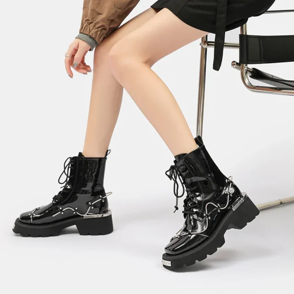 Lace Up Metal Boots Square Toe Increasing Height Spring Cross Tied Ankle Women Booties - Image 2