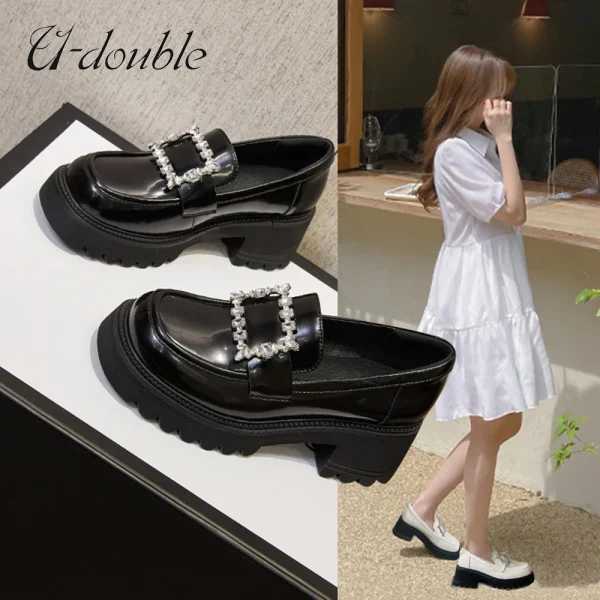 Women Genuine Leather Pumps Loafers Shoes Platform Slip-On Square Buckle - Image 3