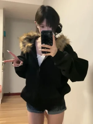 Women Black Zip Up Hoodies Vintage Korean Preppy Style Faux Fur Coat