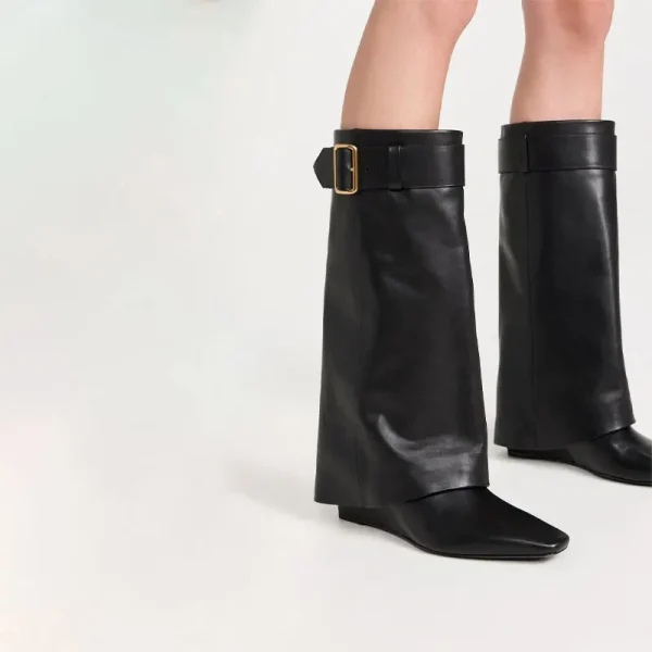 Women's Slope Heel Small Square Head Middle Boots Belt Buckle Sleeve Large Skirt Boots Calf Boots - Image 3