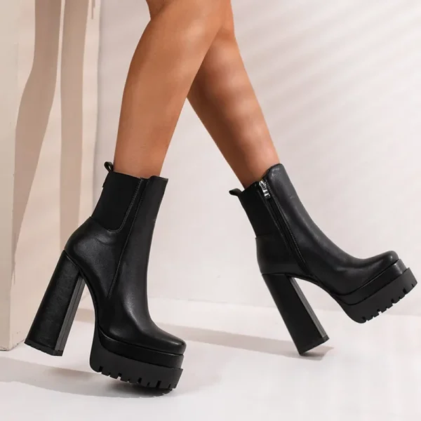 Ladies Biker Boots High Heels Platform Booties Side Zipper Women's Shoes - Image 2