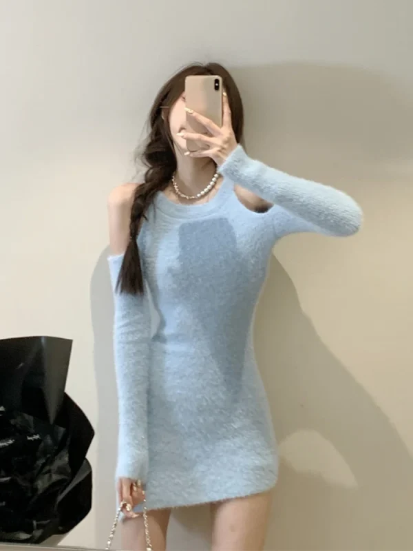 Pure Color Knitted Y2k Mini Dress Women Casual Sexy Slim Bodycon Dress Short - Image 2