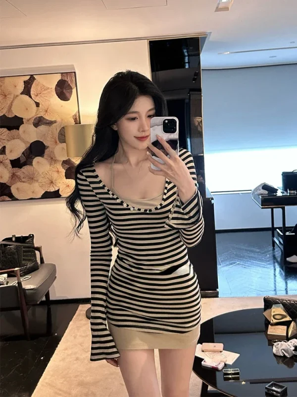 Woman Sexy Slim Bodycon Dress Set Hot Girls Elegant Stripe