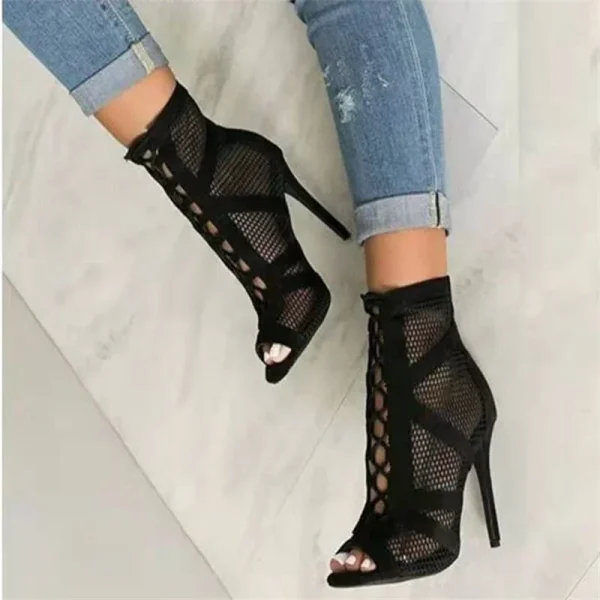 Net Fabric Cross Strap Sexy High Heel Sandals Woman Shoes Pumps Lace-up Peep Toe Sandals Casual Mesh - Image 6