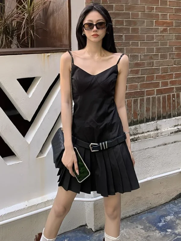 Aesthetic V Neck Black Women Slip Dress Vintage Grunge Slim - Image 2