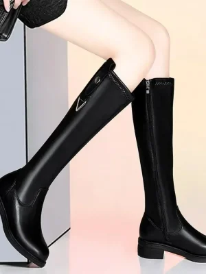 Women Leather Elastic Boots Ladies Plush Long Boot Autumn Winter