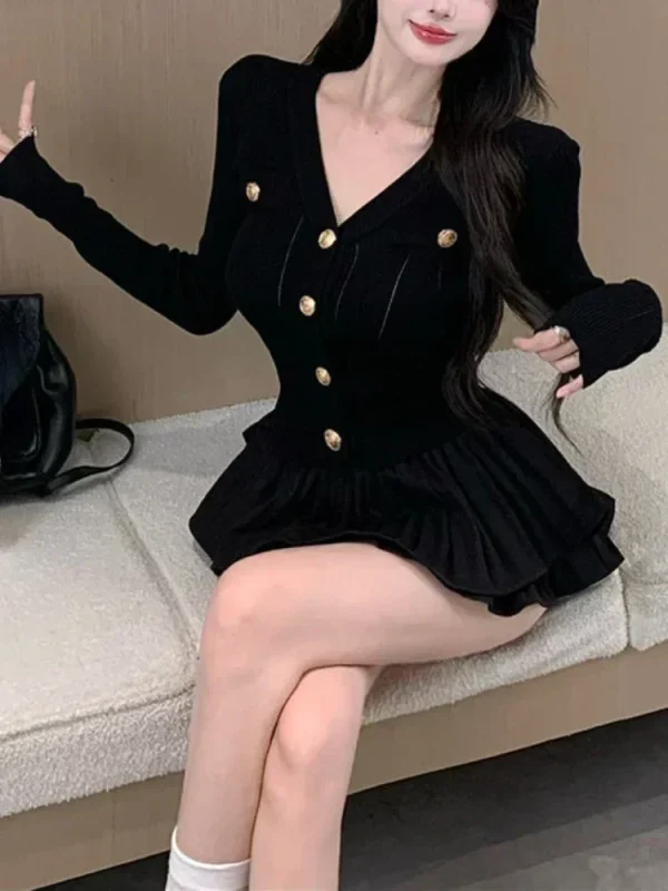 Autumn Korea Fashion Knitted Suit Black Slim 2 Piece Skirt Set Casual Elegant Sweater - Image 6