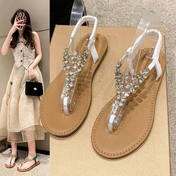 Summer New Flat Transparent Rhinestones Pin toe Women's Sandals - Image 2