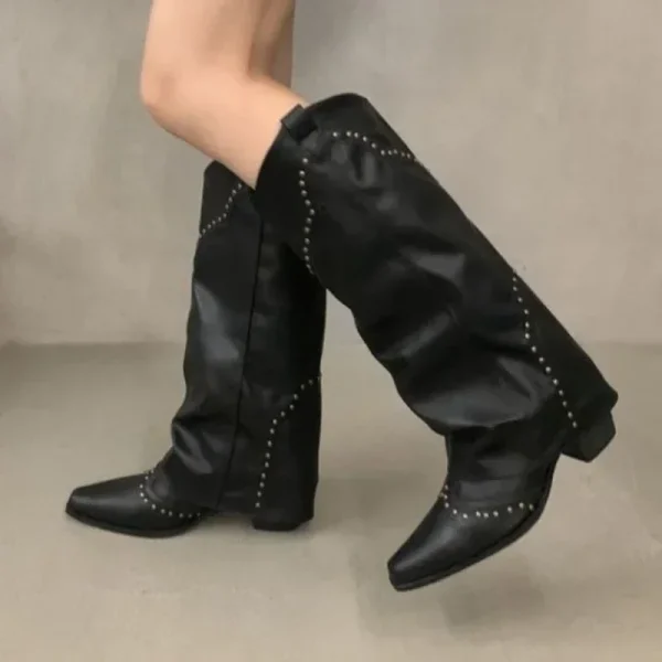 Fashion Pointed Toe Western Cowboy Boots Rivet Design Pipe Boots for Women Non-slip Boots - Image 5