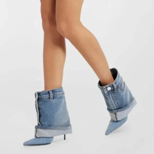 Winter Denim Fine High Heel Skirt Boots Fashion Pointed Large Women's Four Seasons Short Boots - Image 5