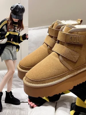 Outdoor Women Ankle Snow Boots Ladies Plush Warm Shoes Classic Ultra Platform Cow Suede Furry Hook