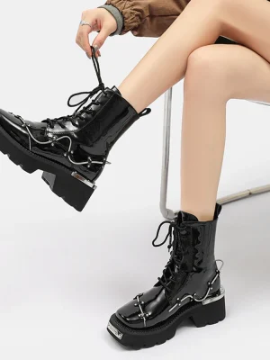 Lace Up Metal Boots Square Toe Increasing Height Spring Cross Tied Ankle Women Booties