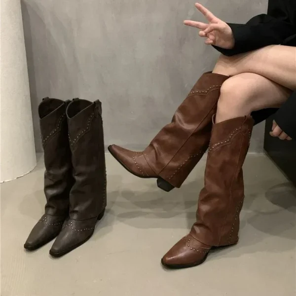 Fashion Pointed Toe Western Cowboy Boots Rivet Design Pipe Boots for Women Non-slip Boots