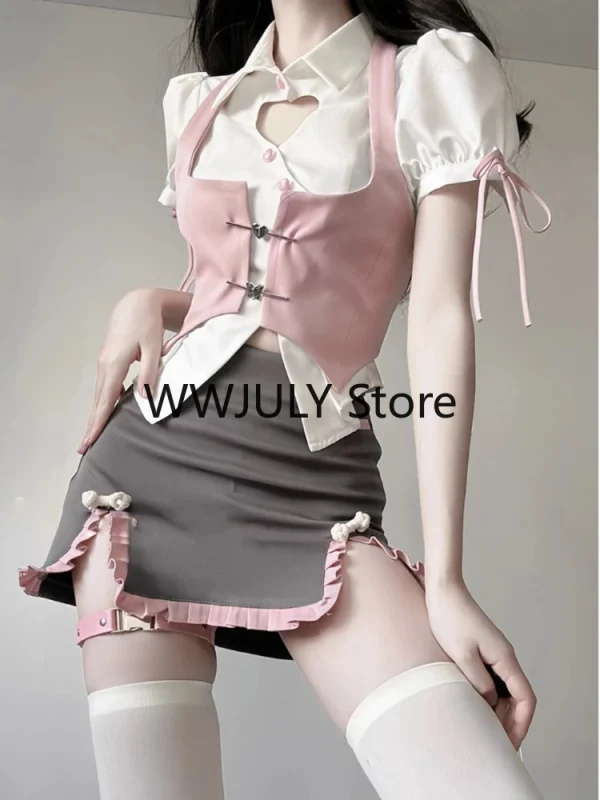 Solid Shirt Slim Pink Vest High Waist Mini Skirt Sweet Japanese Suit Girl Chic - Image 4