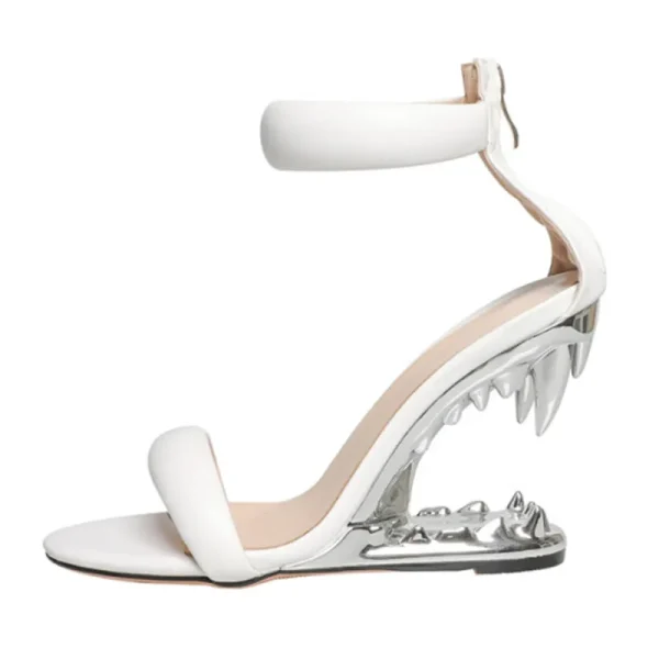 Fashion Metal Teeth Shaped Heel Sandals Round Toe Back Zipper Women's Dress - Image 3