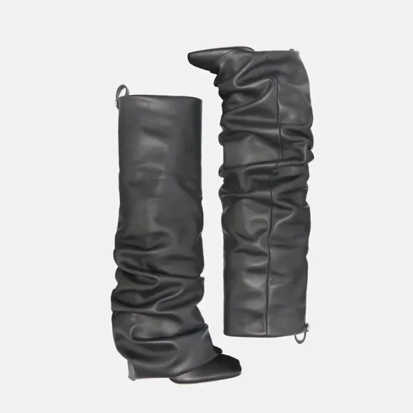 Women's Knee Length Pleated Skirt Boots, Square Toe Slim High Heels, Autumn and Winter Oversized Boots - Image 6