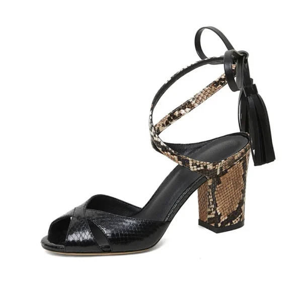 High Heel Fish Mouth Lace Snake Round Head Sandals Fashion Show Size 46 Women's Sandals - Image 2