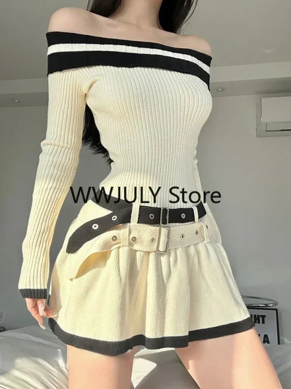 Off Shoulder Sexy Slim Bodycon Dress Casual Knitted  Mini Dress - Image 3