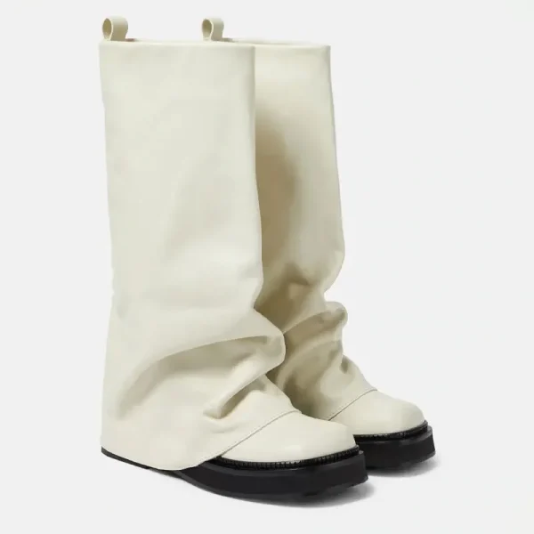 Women's Leather Thick Soled Flat Bottomed Knee High Boots, Square Toe Mid Length Boots - Image 5