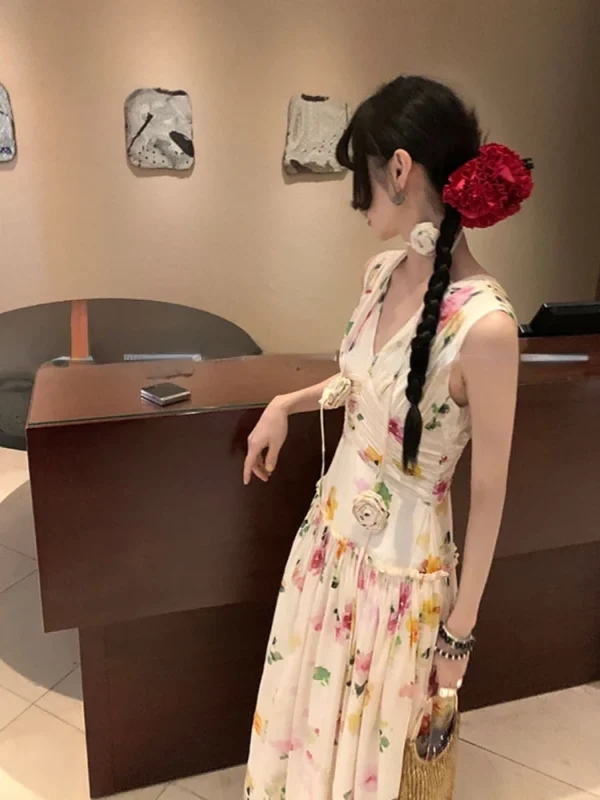 Woman Holiday Dress Elegant Floral Midi Dress Beach Style Sexy Sleeveless Dresses - Image 4