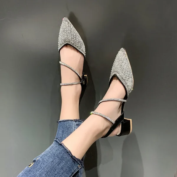 Fashion Pointy Line with Thick Heel Shoes, Diamond-style Soft Warm Baotou - Image 2