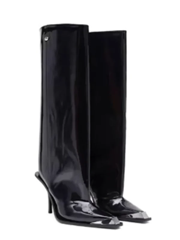 Metal Pointed Patent Leather Knee High Boots, Slim High Heels, Wide Tube Women's Oversized Boots - Image 3