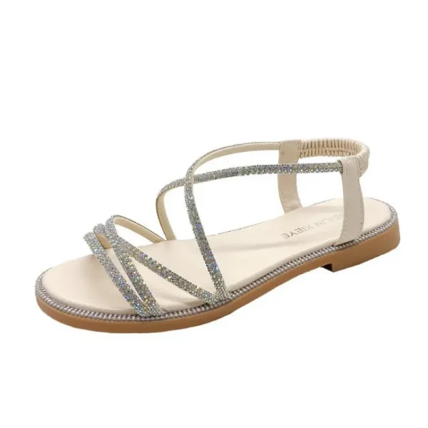 Rhinestone Flat Sandals, Women's Open Toe Elastic Set Foot Cross Sandals - Image 5