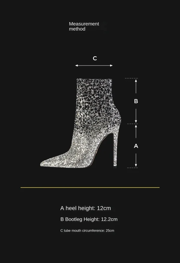 Winter New High Heel Short Boots Fashion Sequins Pointed Head Side Zipper Women's Boots - Image 9