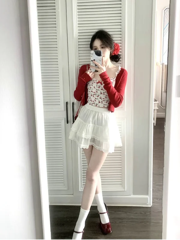 Summer Korean Fashion Suit Woman Floral Vest Red Cardigan - Image 4